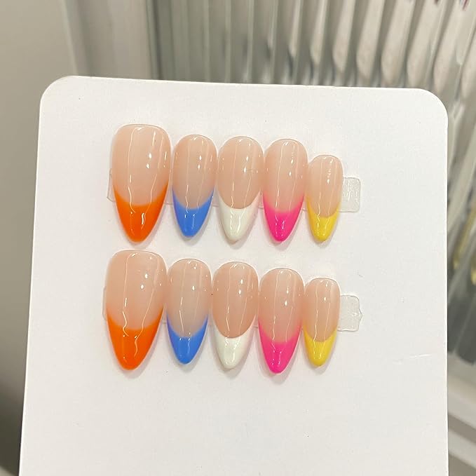 Colorful French Tip Press on Nails Medium Almond - Rainbow Edge Fake Nails Nude Sheer False Nails with Glossy Acrylic Stick on Nails for Women Girls (Colorful Nude French,S)