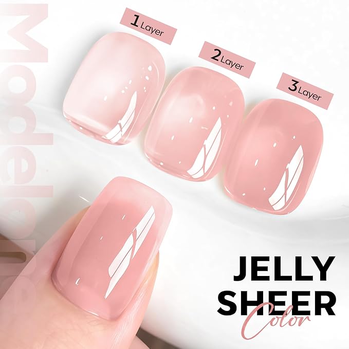 modelones Pink Gel Nail Polish Nude Pink Nail Polish Jelly Sheer Natural Translucent Soak Off U V Gel Clean Girl Valentine Nails for Women Nail Art French Tip Manicure 15 ML