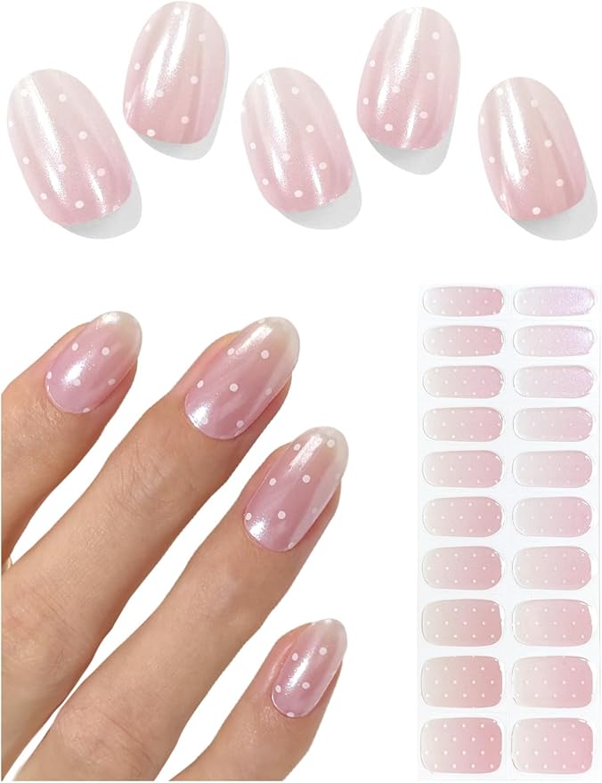 Semi Cured Gel Nail Strips (White Polka Dot), Pearl, Chrome, 20 Pcs Gel Nail Wraps, Stickers, Long Lasting, Works With Any UV Lamps