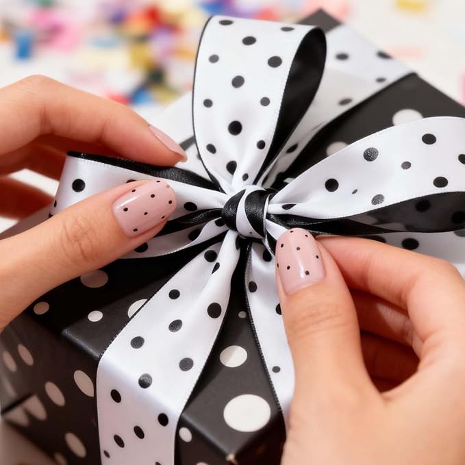Semi Cured Gel Nail Strips - Black Polka Dot with Pink base, 20 Pcs DIY at Home Nail Art, UV/LED Lamp Required, Beginner Friendly & Salon Quality Manicure