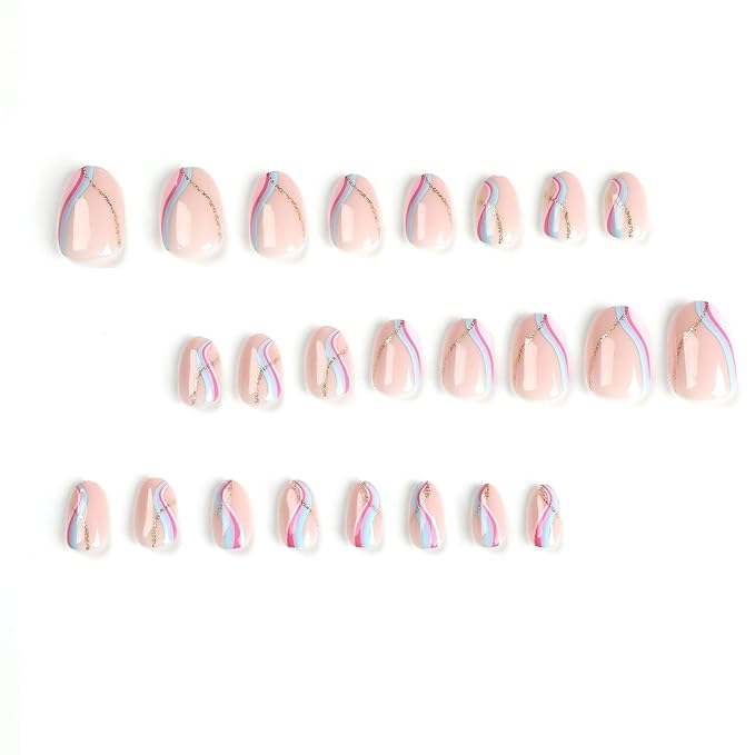 Almond Press on Nails Short Squoval Fake Nails Pink False Nails Press ons with Design Gold Glitter Glue on Nails Acrylic Artificial Stick on Nail for Women Nail Decoration 24Pcs