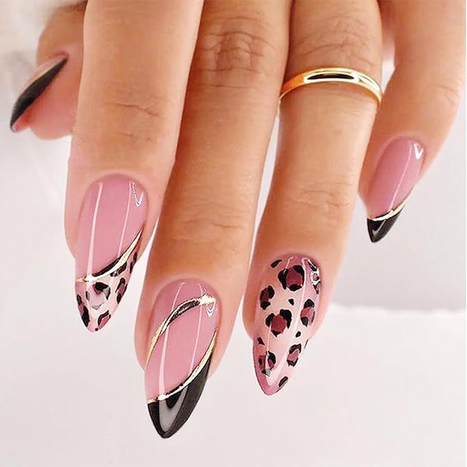 Alomnd Press on Nails - Leopard Print Fake Nails - Medium False Nail Press ons - French Tip Acrylic Glue on Nail - Artificial Nail Stick on Nails for Women Manicure 24Pcs