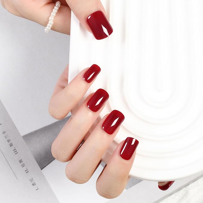 Acrylic Press On Nails Long Lasting Reusable Fake Nails with Glue Cherry Red