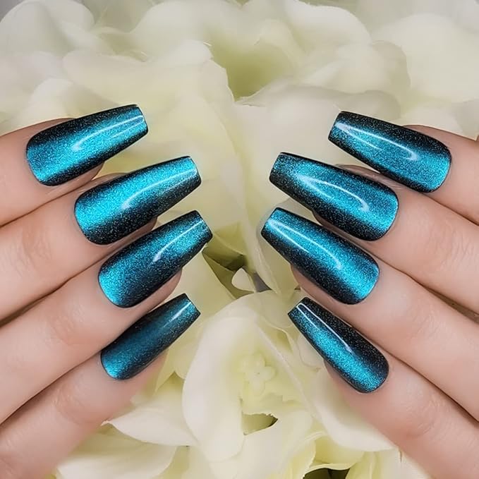 Hypnaughty 24 Pcs Ocean Cat Eye Effect Blue Glossy And Sparkly Coffin Long Press On Nails With Nail Kit And Glue (Ocean Cat Eye)