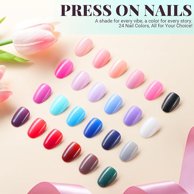 24 Colors Press On Nails, TsMADDTs 720 pcs Short Oval Press On Nails with Glue, File, Tabs, Stickers and Tweezer for Home Manicure or Salon