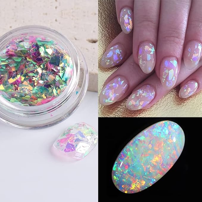 Holographic Mermaid Nail Sequins,6 Jars Chunky Glitter Colorful Fluorescent Glass Paper Iridescent Flakes Sticker for Makeup Decoration Women Party DIY Accessories Sequins Glitters Set