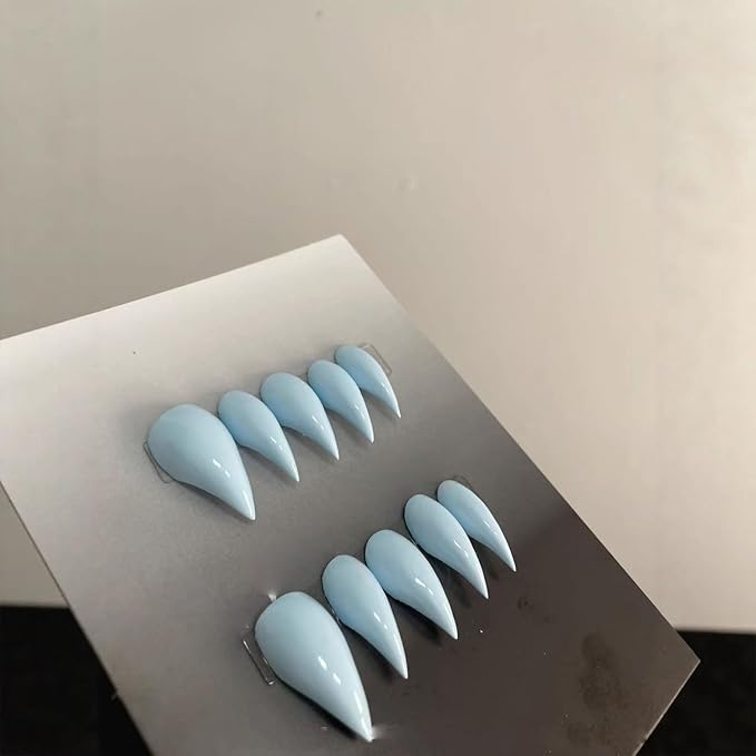 Press on Nails Medium Blue Stiletto Eagle Claw Reusable ABS Material Curved Handmade Fake Nails Dragon Claw Solid Colour Design Luxury Cat Claw Nude Glossy Thick Acrylic Glue on Nail(M)