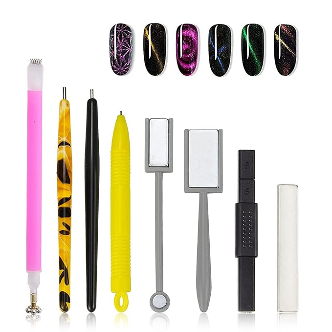 Ideal Swan 8 Pcs Nail Magnet Set Cat Eye Gel Nail Polish, Double-head Flower Design Nail Magnet Pens Magnet Stick 3D Magnetic Cat Eye Gel Polish Nail Art for DIY 3d Magnetic, Salon