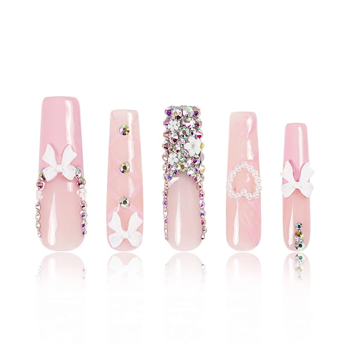 LOVFUL Press on Nails Vintage Shortcake| Handmade with Full Covered Crystals| Reusable Fake Nails| Square Mid length 1.7in| H187-S