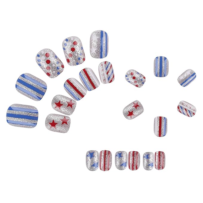 4th of July Press on Nails Short Square Sliver Glitter Fake Nails Full Cover Tricolor False Nails with Star Designs America Flag Acrylic Nails Glossy Glue on Nails Artificial Nails for Women Girls