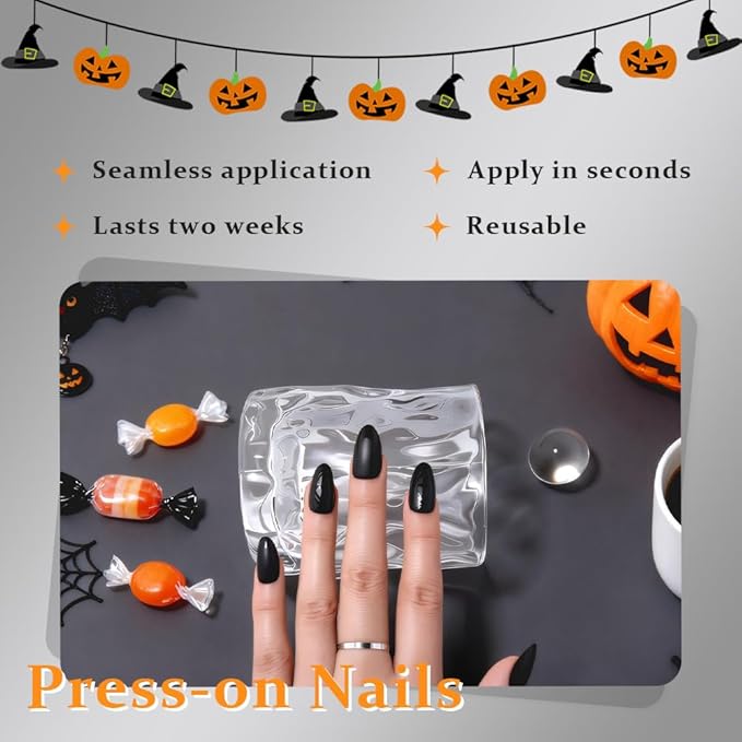 evpct Black Matte Press on French Nails Short Almond with Design, Matte Bed Glossy Tip, Artificial Acrylic Fake Nails Reusable with Pattern Design, Soft Gel Full Cover Stick on Soft Nail Kit for Women
