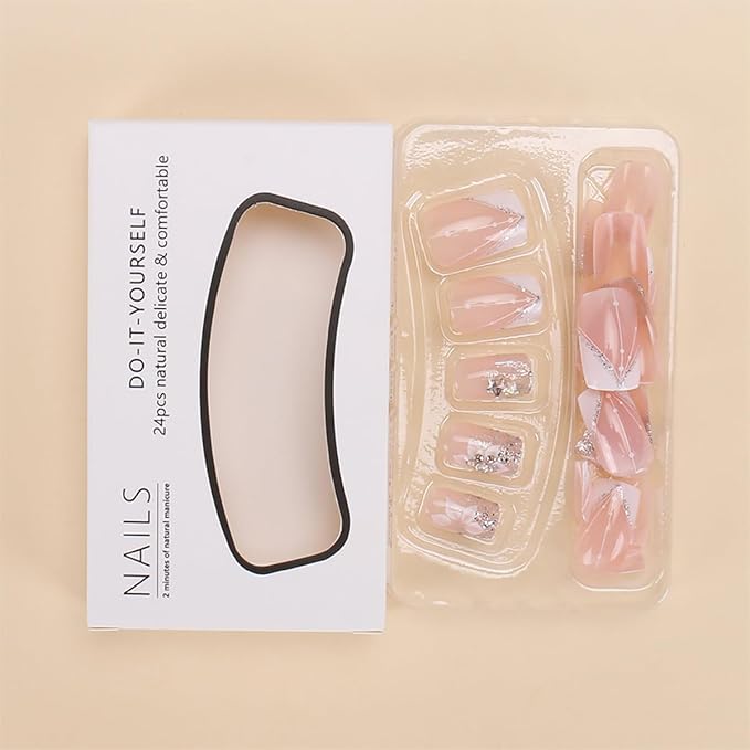 24pcs Short Square Press on Nails French Tip Fake Nails White Flower with Star Design Glitter False Nails Luxury Nail Charms Crafts White Stripes Glue on Nails for Women Manicure Tips