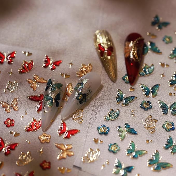 5D Butterfly Nail Art Sticker Decals Crystal Soft Self Adhesive Embossed Spring Nail Stickers Design Gold Red Green Butterfly Nail Decals Supplies Accessories 2 Sheet