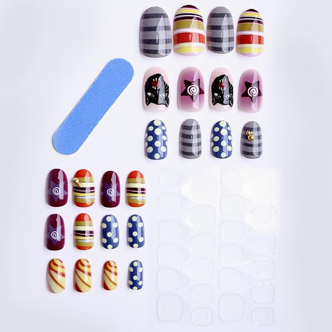 Press on Nails Short Oval MABKJLF Fake Nails Cute False Nails with Panther Stars Polka Dots Designs Vintage Glossy Glue on Nail Fall Acrylic Nails for Women Girls 24Pcs