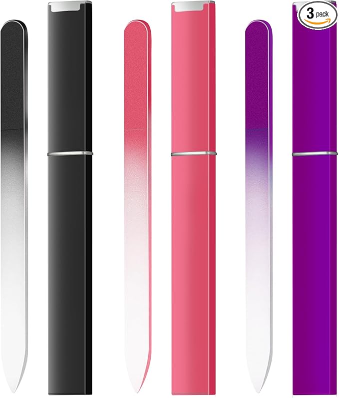 Glass Nail Files Double Side Polish Crystal Fingernail File with Case Manicure Salon Nail Care for Women Girls 3 Pack (Black Purple Rose red, Count, 3, 240 Grit)