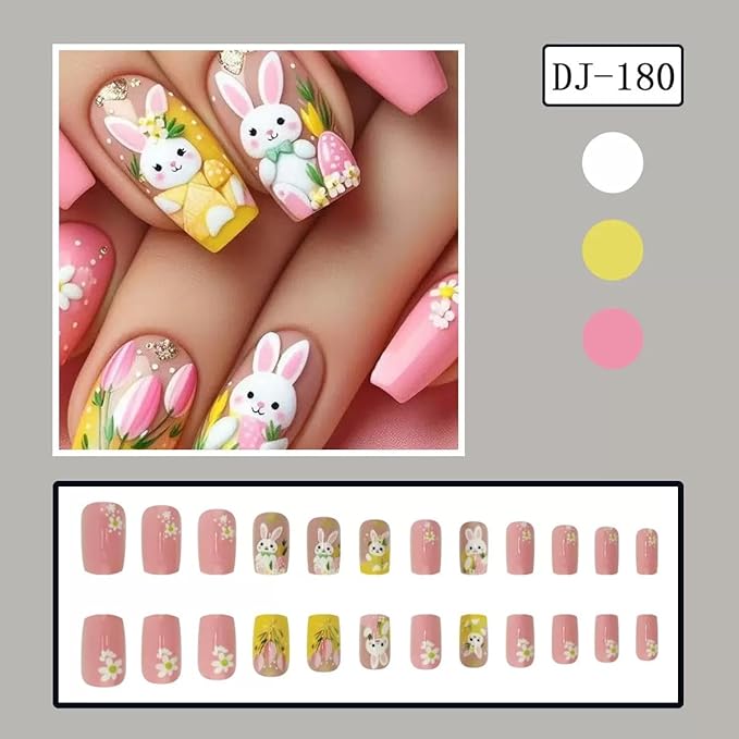 Easter Day Press on Nails - Medium Square Fake Nails with Bunny Flower Design - Pink False Nails Press ons - for Women 24 Pcs
