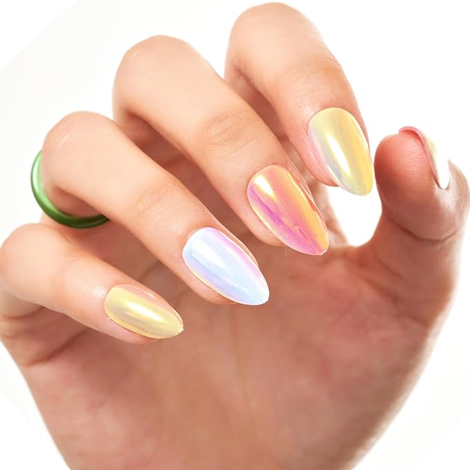 GLAMERMAID Light Pink Purple Press On Nails Short Almond, Bright Chrome Glazed Handmade Soft Jelly Gel Fake Nails, Mirror Grey Round Oval Stick Glue on Nail Kit for Women, Reusable Acrylic False Nail