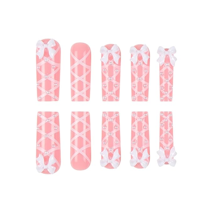 Long Press on Square Nails, 24pcs Pink Artificial Nails with White Bow Designs, Acrylic Material, Full Cover Nail, Press-On False Nails