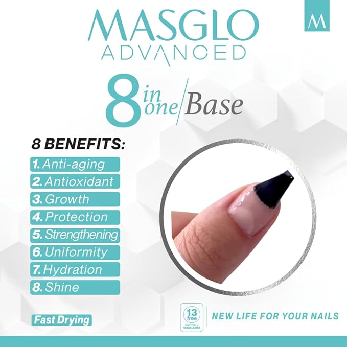 MASGLO 8-in-1 Nail Regenerator Base, Anti-Aging Strengthening Treatment, Hydrating Keratin Booster with Celery Seed Actives, Antioxidant Vitamin E, Smoothing Base, Fast-Drying Clear Shin