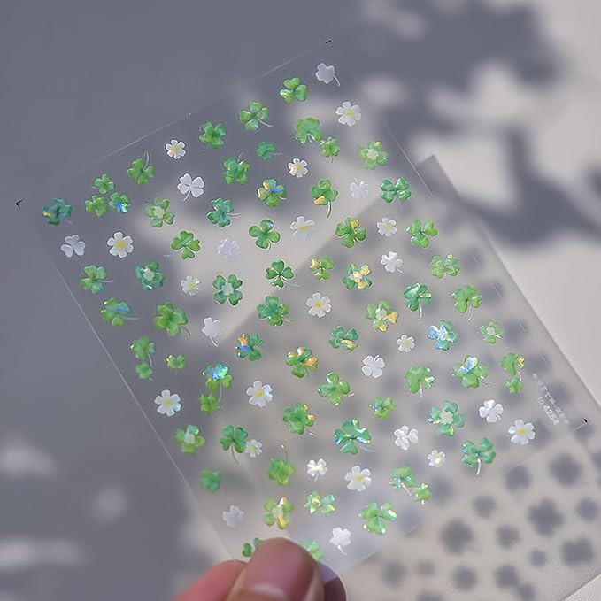 1 Sheets Holographic Laser St Patricks Day Nail Stickers Green Clover Nail Art Stickers 5D Self-Adhesive St. Patrick's Day Nail Decals Lucky Shamrocks Nail Art Supplies for Women Holiday Nails Design