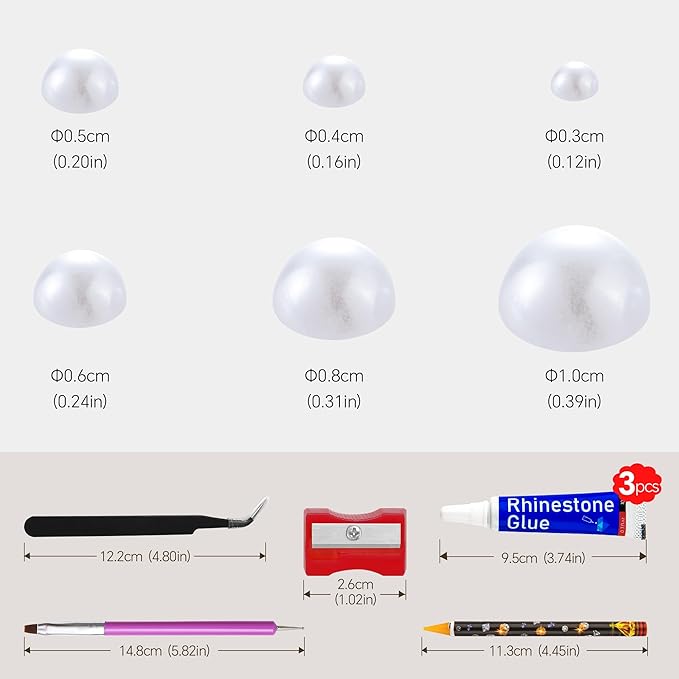 60g White Flatback Half Round Pearls Mixed Size 3-10mm Resin Craft Beads for Nail Art, Face Gems, DIY Jewelry Making