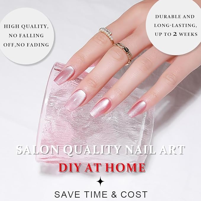 evpct Pink Cat Eye Press on Nails Square Medium Coffin, Medium Square Stick on Nails for Women Gift, Plum Pink Metallic Glitter Glossy Reusable Spring Summer Press on Acrylic Fake Nail with Design