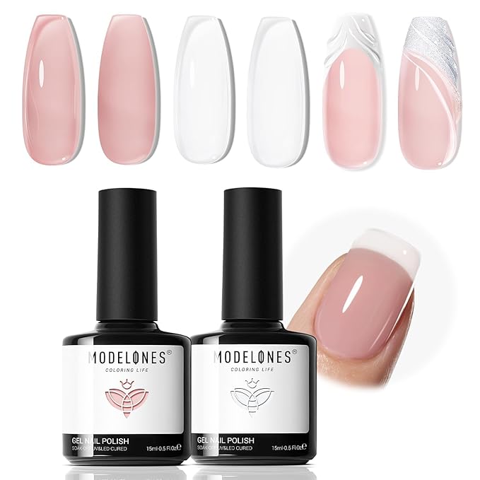 modelones Gel Nail Polish Set 2 Pcs 15ml Jelly Nude Pink and Milky White Gel Polish, French Manicure Base Gel Bubble Bath UV Soak Off Nail Gel for Gradient Nail Art, DIY Home or Salon