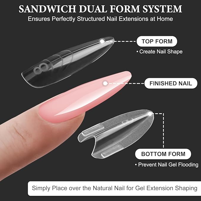 280Pcs Sandwich Nail Dual Forms for Polygel Extension Builder Gel 140 Pairs Almond Round Top and Bottom Plastic Nail Molds for Beginners Professional at Home Salon