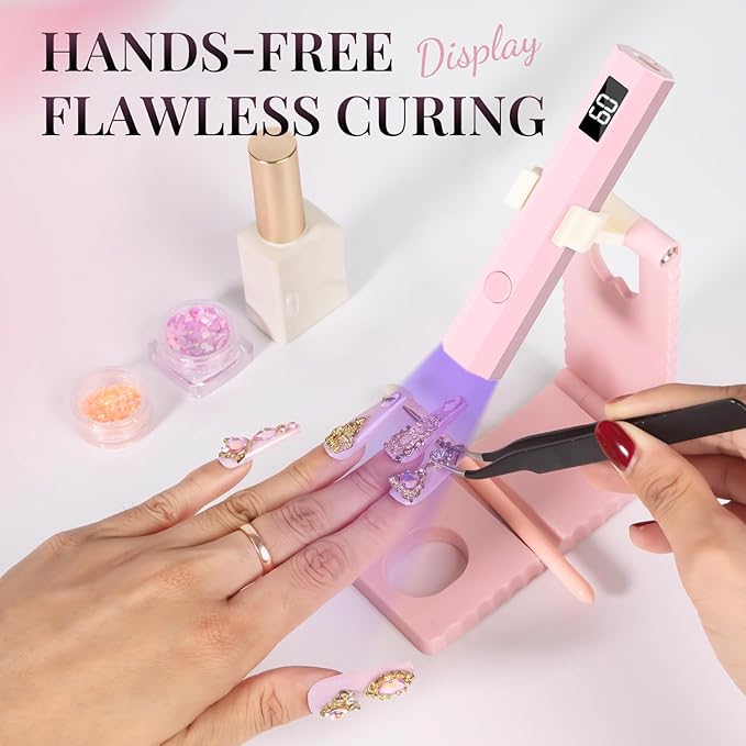 krofaue Mini Handheld UV Light for Gel Nails with Stand, Portable Rechargeable Nail Lamp with 2 Timers, Flash Cure for Rhinestone Glue Decoration at Home DIY, Travel