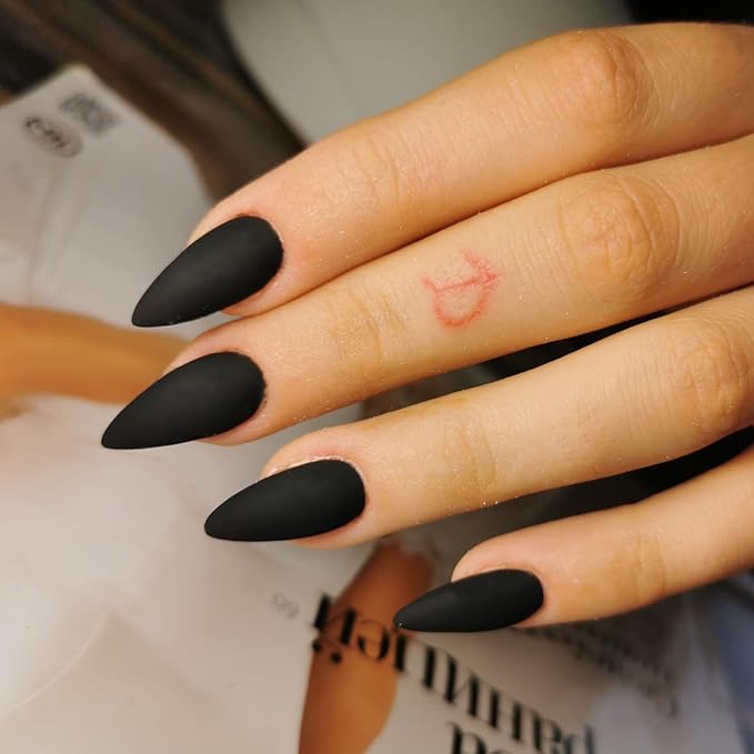 Matte Black Press on Nails Almond Shaped Medium Almond Nails Press on Neutral Acrylic Nails Reusable Fake Nails for Women, Glue on Nails Medium Length Stiletto False Nails Soft Gel Artificial Nails