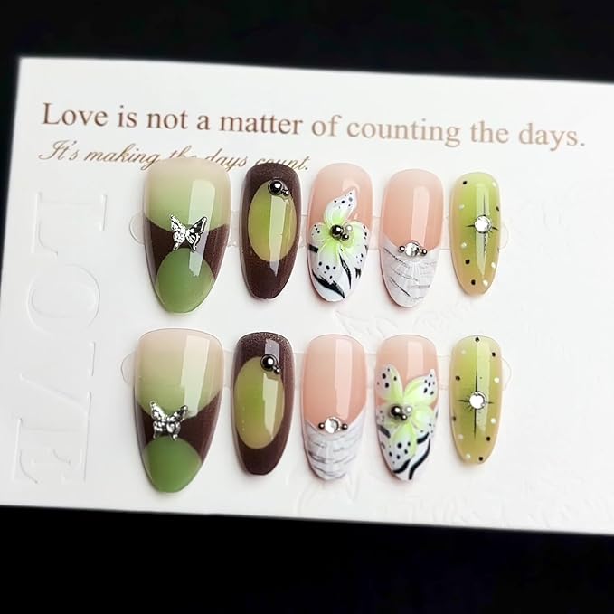 St. Patrick’s Day 30Pcs Handmade Press on Nails Almond Fake Nails Fluorescent Green False Nails with 3D Gradient Flower Butterfly Rhinestone Glossy on Nail Full Cover Press Ons Nail for Women Manicure