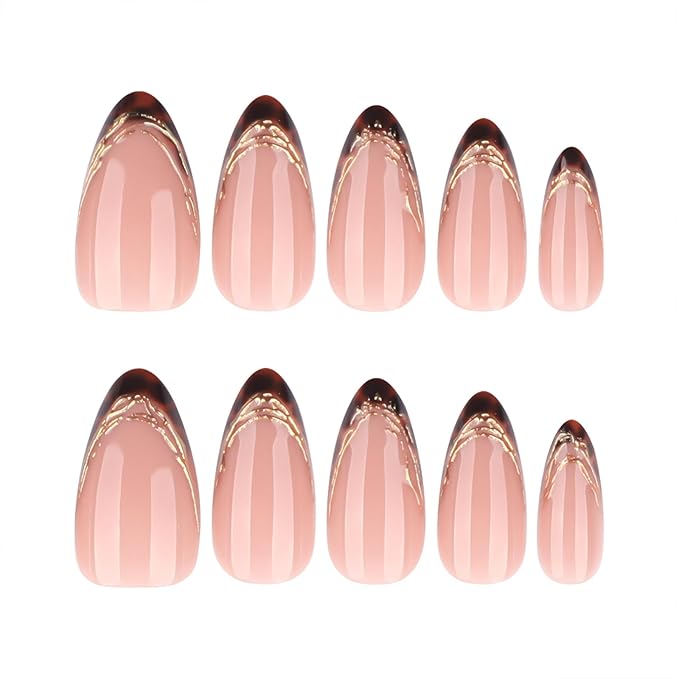 Almond Press On Nails Medium Short, Nude Pink Fake Nails with Tortoiseshell Brown French Tip and Gold Foil Detail, Glossy Reusable Glue On Nails for Women, Natural Stick On Nails Kit, 24 Pcs