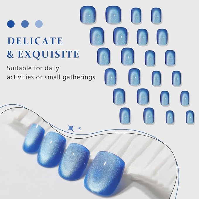 evpct Blue Cat Eye Extra Short Press on Nails Square, Petite Short Square Stick on Nails for Women Gift, Light Sky Blue Metallic Glitter Glossy Reusable Gel Press on Acrylic Fake Nail with Designs