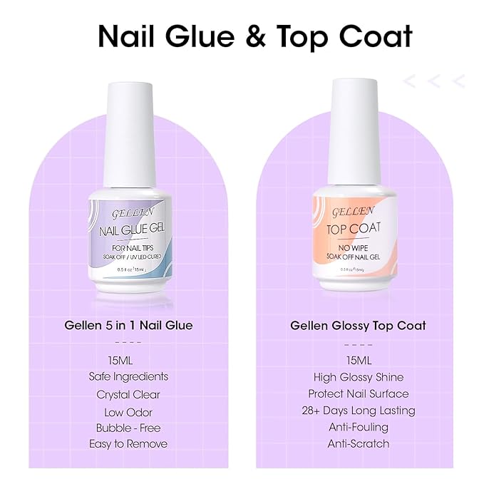 Gellen Nail Glue Gel & No Wipe Top Coat, 5 in 1 UV Nail Glue for Acrylic Nails, High Shiny Top Coat Gel, Curing Needed Extend Gel for False Tips & Clear Press on Nails, Home Salon DIY Manicure