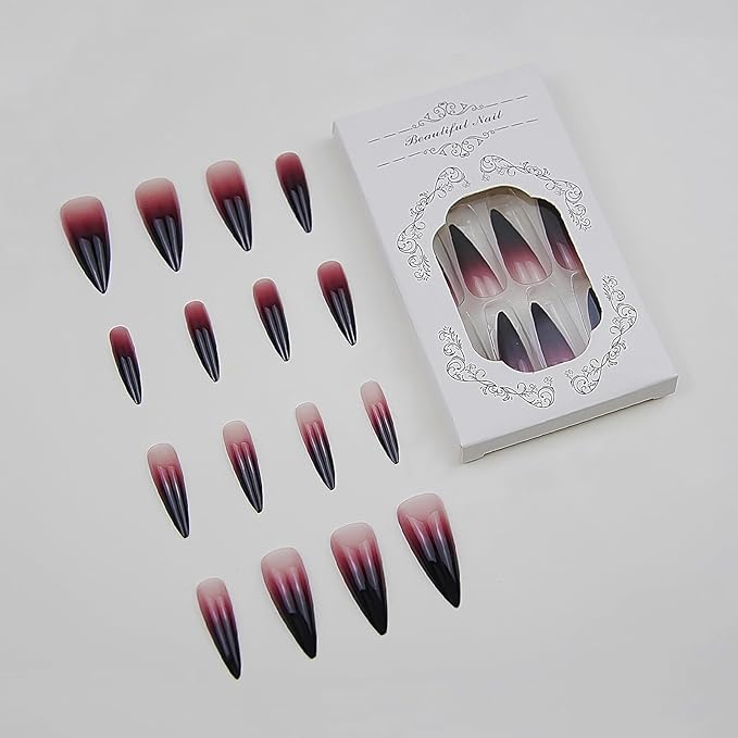 MISUD Press on Nails - Long Stiletto Fake Nails with Goth Red Black, Acrylic Gothic Ombre Design 24 pcs