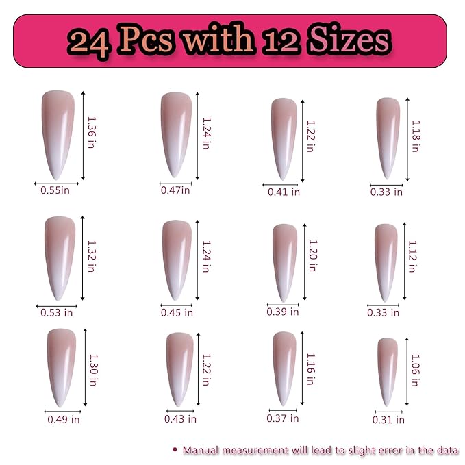 24pcs Gradient Nude Long Almond Press On Nails, Reusable Nail Kit with Nail Adhesive Tabs Mini Nail File, 12 Sizes (Gradient Nude)