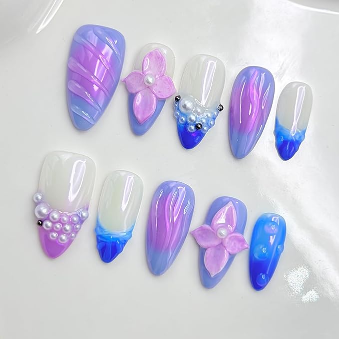 Thick Press on Nails Handmade Nails Medium Almond Nails Aurora Purple Fake Nails with 3D Flower Art Design Reusable Acrylic False Nails with Glue, Nature Stick on Nail for Wome (Size S)