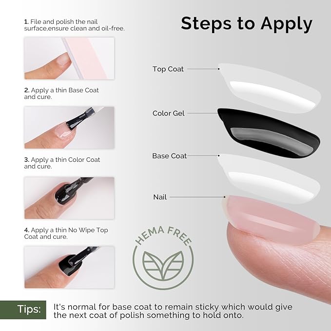 MelodySusie Hema Free Gel Polish Base and Top Coat Set, Tpo Free 2PCS 0.5 Fl Oz Long Lasting Soak Off UV No Wipe Glossy Top Coat and Base Coat for Nail Polish, Nail Art Design Manicure Kit Salon Home