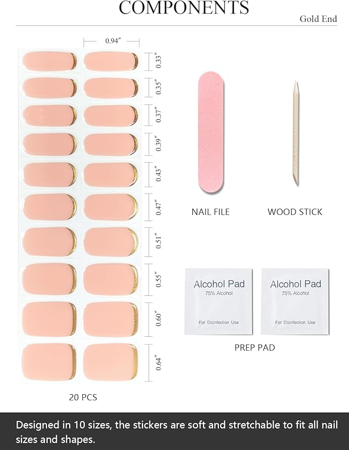 Semi Cured Gel Nail Strips (Gold End), Gold Foil Line Design, Nude, 20 Pcs Gel Nail Wraps, Stickers, UV Light Required, Salon Quality, Long Lasting