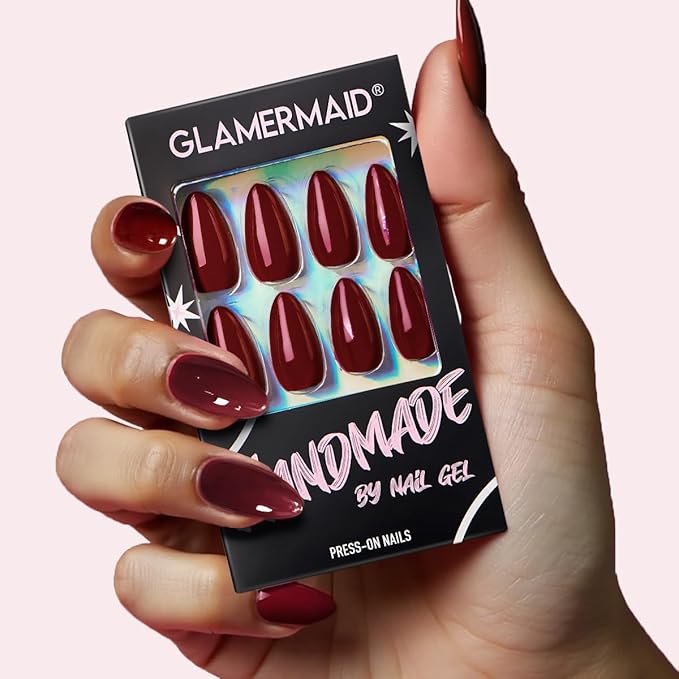 GLAMERMAID Cherry Red Press on Nails Medium Almond, Handmade Jelly Soft Gel Dark Red Glue on Nails Stiletto, Burgundy Emo Fake Nails Short Oval, Reusable Acrylic Stick on False Nails Kit for Women