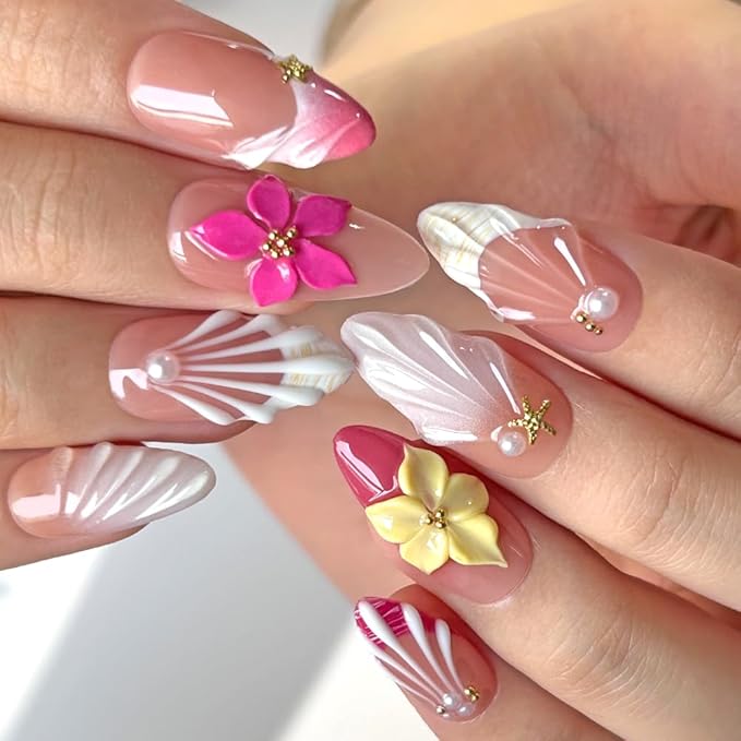 Press On Nails Medium Almond Nails, Handmade 3D Design Fake Nails with Thick Acrylic Multi-Layer Gel Nails, Reusable Durable DIY Artificial Nails for Women (10 Pieces)