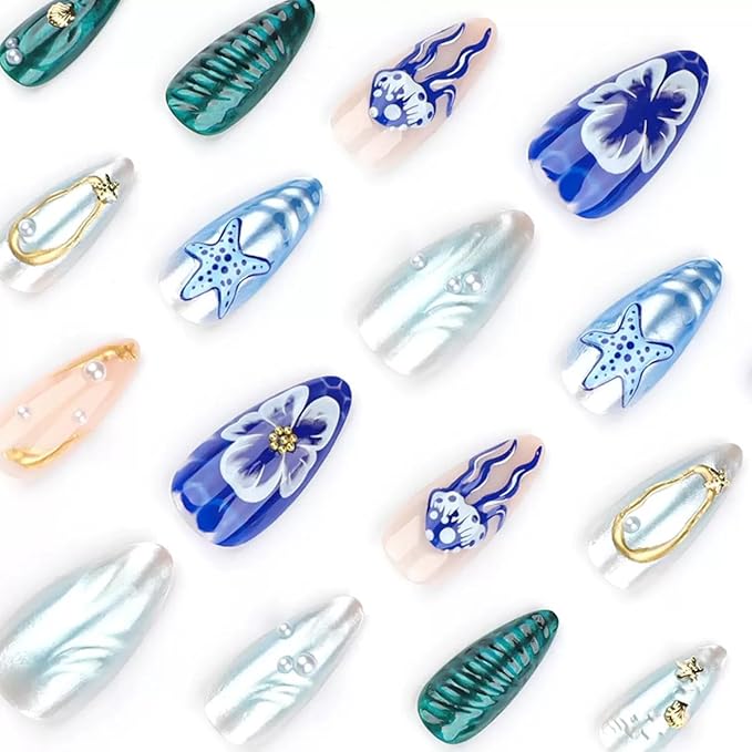 Almond Press On Nails - Medium Blue False Nails with 3D Ocean Design, Glossy Full Cover Stick On Nails - 24 Pcs
