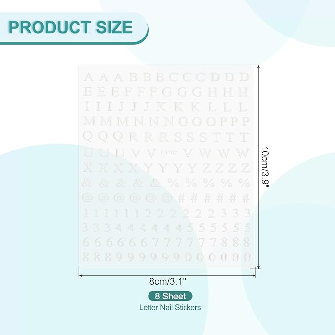 PATIKIL Letter Nail Stickers, 8 Sheet 3D Self-Adhesive English Letter Nail Decal Small Alphabet Art Sticker Metallic Fluorescence Design Manicure for Women DIY Decor, White