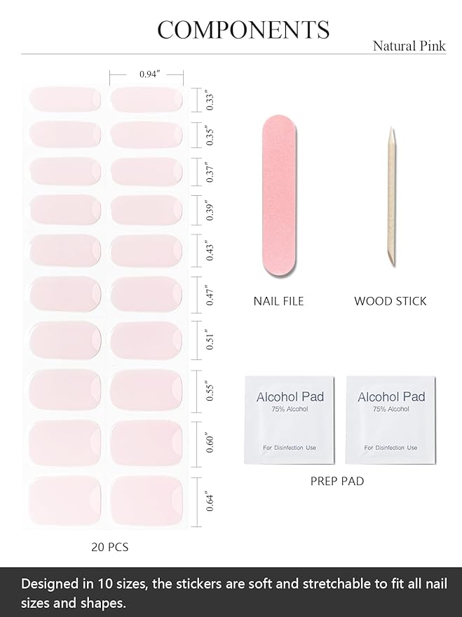 Semi Cured Gel Nail Strips (Natural Pink), Sheer, 20 Pcs Gel Nail Wraps, Stickers, UV Light Required, Salon Quality, Long Lasting