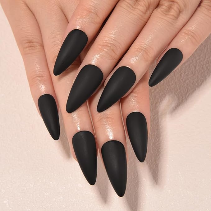evpct Black Matte Press on Nails Medium Almond, Matte Black Fake Nails False Nail Pure Color with Kit, Salon Quality Soft Gel Stick on Acrylic False Soft Nails Reusable Full Cover for Women Manicure