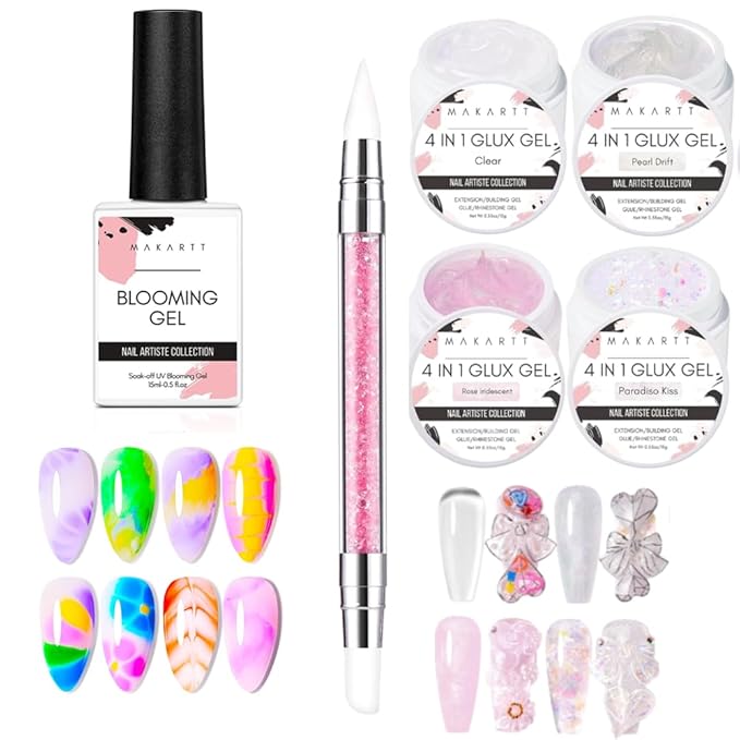 Makartt Clear Blooming Gel 15ml UV LED Soak Off Nail Art Polish Bundle With Solid Gel Builder for Nails Trial Kit Nail Extension UV Nail Glue for Acrylic Nails Rhinestones Gel