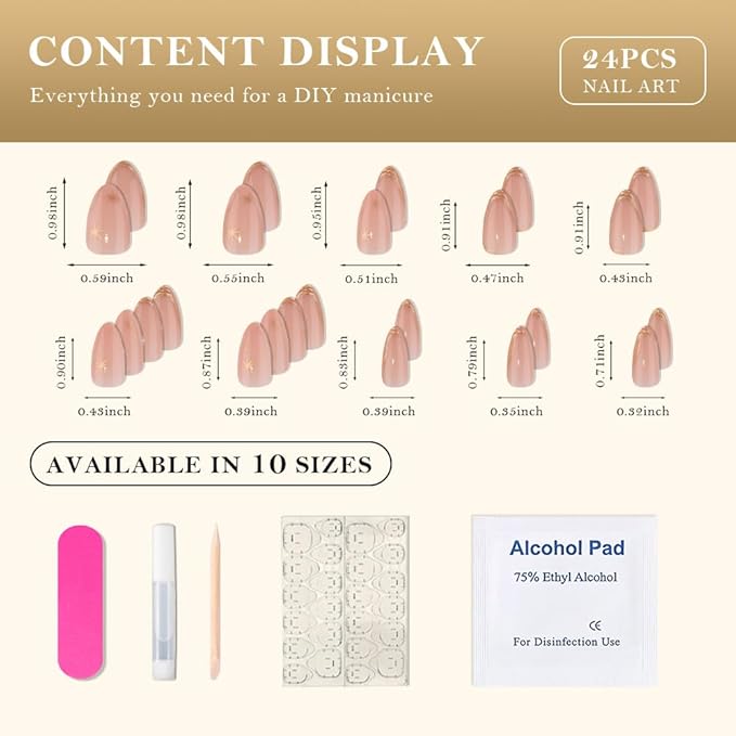 evpct Gold French Tip Press on Nails Almond Medium, Nude Pink + Gold Line Tips, Stick on Nails Medium Almond for Women, Full Cover Perfectly Fit Handmade Soft Gel Artificial Fake False Nail Kit