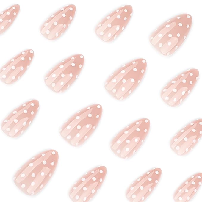 Polka Dot Press on Nails Almond Medium Fake Nails Nude Natural False Nails Glossy Cute Glue on Nails Reusable Acrylic Nail for Women Manicure 24Pcs