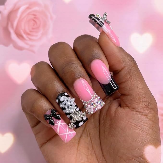 10 Pieces Luxury Acrylic Press On Nails Long Handmade Duck Nails, Black Thickened False French Nails, With 3D Bowknot And Stars, Reusable Fake Nails, Acrylic Nails (S)