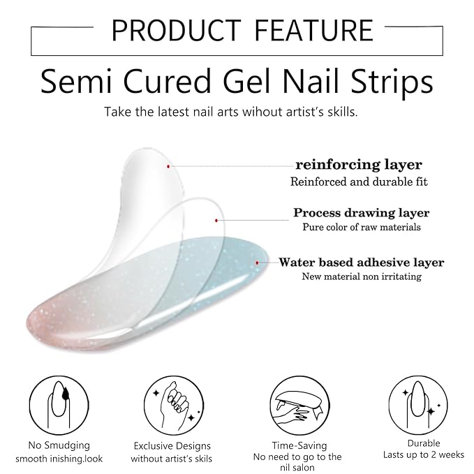 WOKOTO 1 Sheet Semi Cured Gel Nail Strips With Wood Stick & Nail File, 20 Tips Shimmery Ice Blue Ombre Semi Cured Nail Polish Strips Stickers, Harden With UV Light Gel Nail Stickers
